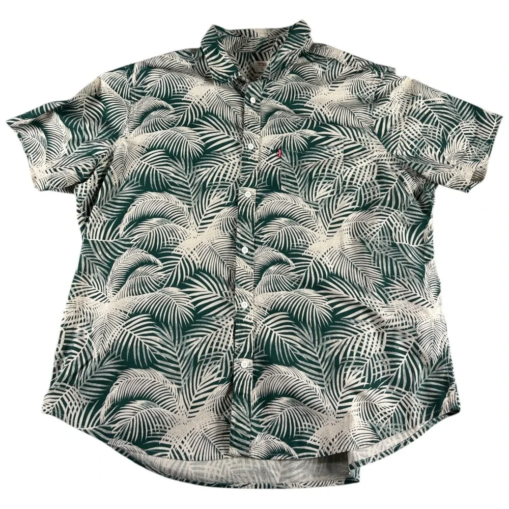 Levis Standard Shirt Mens 2XL Green Palm Leaf Tropical Short Sleeve‎ Button Down